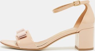 Ferragamo Beige Patent Leather Vara Bow Ankle Strap Sandals