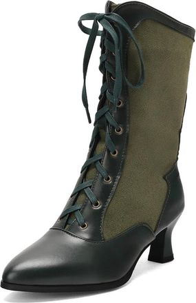 Generic Womens Retro Two-Tone Lace-Up Mid-Calf Boots Pointed Toe Slim Heel Comfortable Fit Non-Slip Wear-Resistant Sole for Daily Date Vintage Style,Green,10.