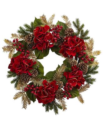 Nearly Natural 24in. Hydrangea Pine Wreath