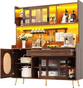 STILVORA Aparador De Cocina Alto Con 5 Puertas, Panel Perforado Y Led, Estilo Retro Para Cocina, En Mdf, 145 X 39 X 171 Cm, Marron