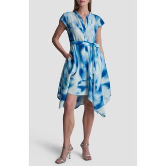 DKNY Abstract Print Asymmetric Hem Linen Dress in Misted Surf at Nordstrom, Size 4