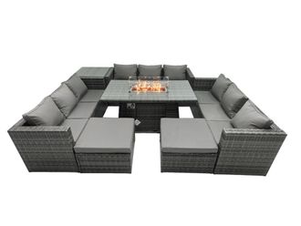Fimous Rattan Garden Furniture Firepit Set Outdoor 10 Seater Patio Dining Sets with Glass Top Dining Table Side Tables in Dark Grey