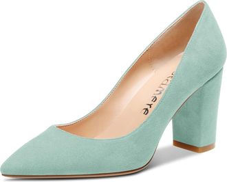 Castamere Womens Mid Chunky Block Heel Pointed Toe Slip-on Office Pumps Court Shoe Wedding Dress Cute Classic Shoes 8CM Heels Light Blue Suede 5.5 UK