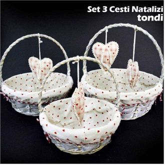 Trade Shop Trade Shop - Set 3 Cestini Natalizi Tondi In Vimini E Tessuto Diametro 38/33/28 Cm Grigio