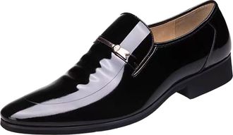 Generic Wedding Formal Shoes for Men Vintage Without Lacing Slip On Loafers Patent Pointed Toe Leather Shoe Block Heel Non Slip Low Top Footwear for Both Offi
