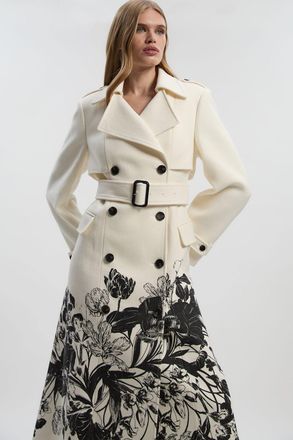Karen Millen Womens Petite Wool Placement Print Tailored Double Breasted Belted Midi Coat - White - Size 10 UK