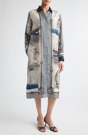 Max Mara Mariner Print Long Sleeve Silk Midi Shirtdress in Stone at Nordstrom, Size 14