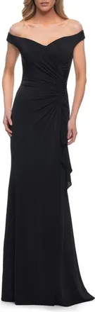 La Femme Off the Shoulder Ruched Jersey Gown in Black at Nordstrom, Size 18