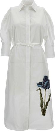 Erdem White Cotton Poplin Midi Dress with Tulip Embroidery