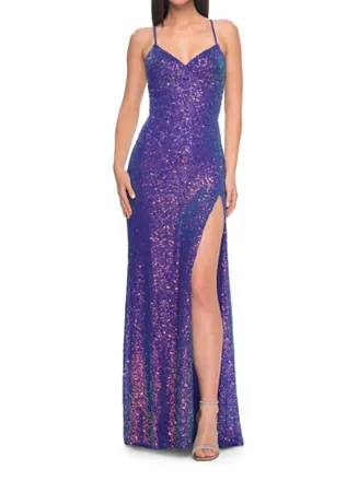 La Femme Beaded Sequin Dress With Slit In Indigo