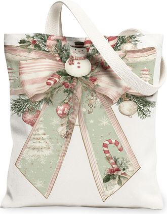 Generic Christmas Snow Man Canvas Tote Bags, Holiday Design Reusable Grocery Bags, Winter Lightweight Washable Shoulder Strap, White, 13x15 Inch