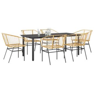 Berkfield Home 7 Piece Garden Dining Set Brown Poly Rattan Glass