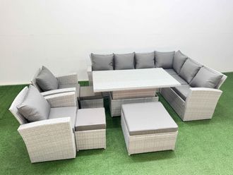 Fimous 11 Seat Rattan Garden Furniture Corner Sofa Set with Stools Light Grey