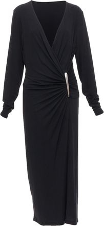 DKNY Vintage black viscose blend plunge silver buckle drape midi dress L