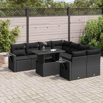vidaXL Set De Sof&aacute;s De Jard&iacute;n Con Cojines 9 Pzas Rat&aacute;n Sint&eacute;tico Negro