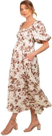 Pinkblush Floral Puff Sleeve Midi Dress in Brown at Nordstrom, Size Medium