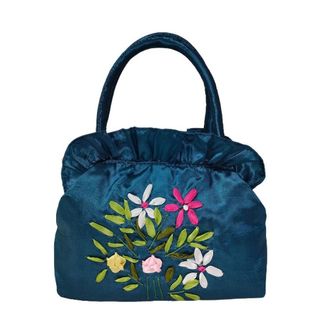 Generic Ethnic Style Tote Bag, Small Purse Wallet, Embroidery Flower Satin Silk Handbag, Zipper Flower Wrist Bag for Women Phone Cosmetic(blue)