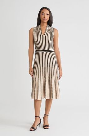 Misook Fit & Flare Sleeveless Striped Soft Ribbed Knit Dress in Biscotti/black at Nordstrom, Size Xx-Large