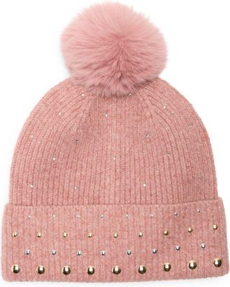BCBGeneration Studded Faux Fur Pompom Beanie in Rose at Nordstrom Rack
