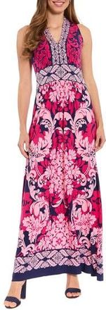 London Times Sleeveless Print Maxi Dress in Navy/Raspberry at Nordstrom Rack, Size 14
