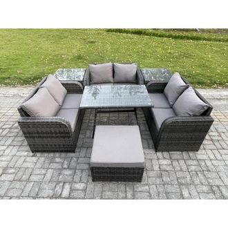 Fimous Rattan Garden Furniture Set 7 Seater Patio Outdoor Love Sofa Set with Rectangular Dining Table 2 Side Tables Big Footstool Dark Grey Mixed - Fimous