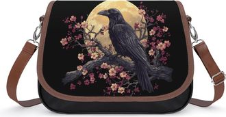 Generic Black Raven Moon Cherry1 Flower Crossbody Bag Womens Handbag PU Message Bags Shoulder Purse with Adjustable Strap