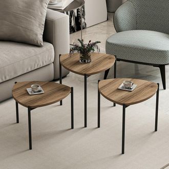 Dmora Mesa De Centro Carro, Set 3 Piezas, Forma Triangular, Tablero Marr&oacute;n, 45x45x45h Cm Marr&oacute;n Nogal