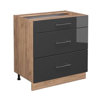 Vicco Mueble Bajo De Cocina Fame-line, Antracita Alto Brillo, 80 Cm Con 3 Cajones, Sin Encimera