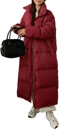 Generic Long Puffer Coat Women Long Quilted Puffer Coat Over Knee Zip Up Thickened Winter Baggy Outerwear Wine Red X-Large