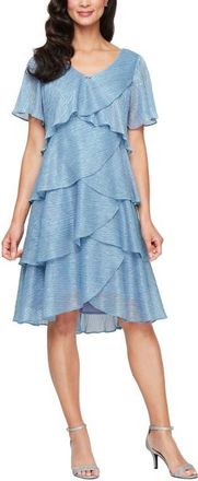 S.L. Fashions Embellished V-Neck Short Sleeve Shimmer Bodre Tier Cocktail Dress in Hydrangea at Nordstrom, Size 14P