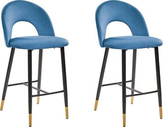 Beliani Beliani - Juego De 2 Sillas De Bar Terciopelo Rojo Coral Acero Azul Dise&ntilde;o Retro Extremos Dorados Comedor Falton