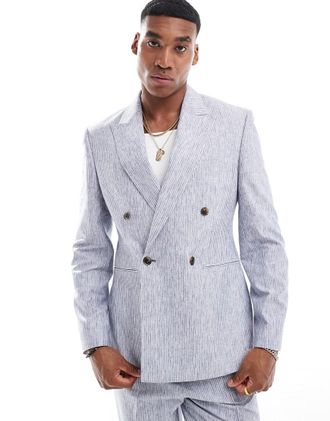 Asos slim double breasted suit jacket in blue linen stripe