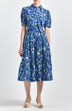 Derek Lam Buffy Floral Print Tie Waist Tiered Midi Dress in Blue Vines at Nordstrom Rack, Size 12