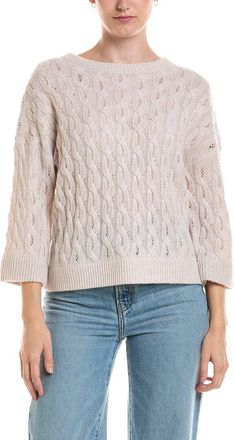 Fort&eacute; Cashmere 3/4-Sleeve Pointelle Cable Crewneck Cashmere Sweater