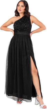 Maya Womens Maxi Dress Ladies One Shoulder Sleeveless Floral Sequin Embellished Sash Tie Belt Tulle A-line Split Bridesmaid, Black, 16