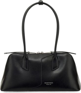 Emporio Armani Leren schoudertas met logo-opdruk - Dames - Tassen - Zwart - Maat: ONE Size Zijde