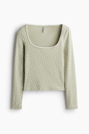 H&M Baumwollshirt mit Picot-Besatz - Helles Mattgr&uuml;n/Gebl&uuml;mt