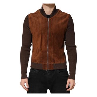 Dolce & Gabbana Light Jackets, male, Brown, Size: L Velvet Calfskin Full Zip Biker Jacket