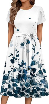 Generic Summer Dresses for Women UK Short Sleeve Round Neck Sundress Floral Pattern Print Tie Waist Casual Tshirt Dress,Hawaiian Dresses for Women Casual Vaca