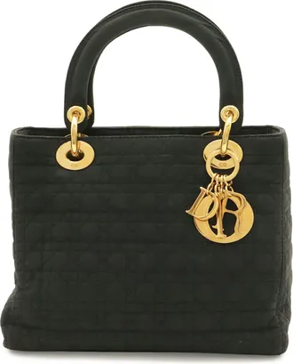 Dior Lady Dior Black Nylon Leather Handbag Tote Bag (Pre-Owned)
