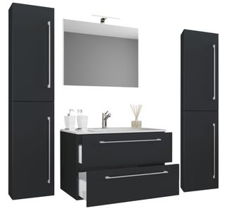 ebuy24 Ebuy24 - Vcm 5pcs Lavabo Lavabo Gabinete Inferior Ancho 60 Cm Muebles De Ba&ntilde;o Conjunto Con Cajones Espejo De Puertas Giratorias Badinos (negro)
