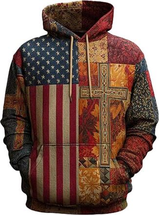 Generic Mens Sweatshirts Hoodies Zip up Mens Vintage Casual American Flag Cross Hoodie Patriotic Shirt Novelty Retro Patchwork Camo Sweatshirts Pullover Yello