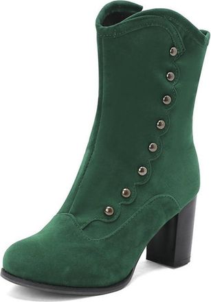 Generic Womens Retro Dressy Ankle Boots with Side Zipper Velvet Round Toe Block High Heel Comfort Winter Warm Shoes (7.5,Green)