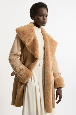 Karen Millen Womens Faux Shearling Collar & Cuff Belted Short Coat - Beige - Size 10 UK