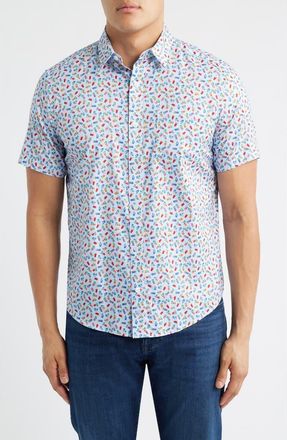 Johnston & Murphy Logan Cocktail Print Short Sleeve Cotton Blend Button-Up Shir in Blue Multi Happy Hour at Nordstrom, Size Xxx-Large