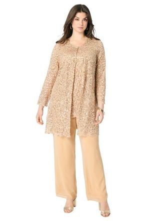 Roaman's Plus-Size 3 Piece Allover Sequin Lace Jacket And Tank Pant Set in Sparkling Champagne at Nordstrom, Size 34