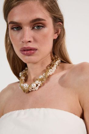Karen Millen Womens Gold Chain Woven Pearl And Diamante Statement Necklace Steel - One Size