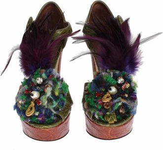 Dolce & Gabbana Womens Green Leather Crystal Platform Sandal Shoes