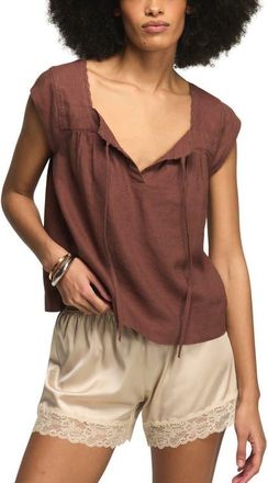 Lucky Brand Lace Trim Tie Neck Linen Blend Top in Marron at Nordstrom, Size Xx-Large