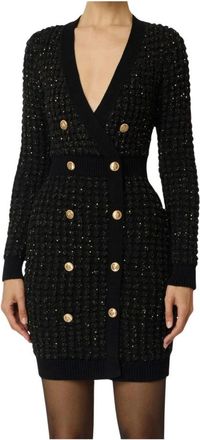 Elisabetta Franchi Dubbelrijig gebreide jurk met gouden knopen - Dames - Kleedjes - Zwart - M - Leer - Kleedjes